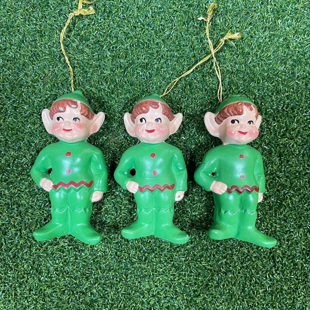 Vintage Lot Miniature Japan Green Christmas Elf Pixie Ornaments
